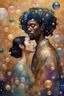 Placeholder: asian woman and black man in a world of bubbles, colorful, painterly, like a painting, mystical, wonder, mysterious, psychedelic art, gustav klimt style, gold leaf, romantic, art nouveau, celestial, cosmic, abstract geometry