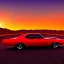 Placeholder: muscle car, desert road, sunset, full colour,