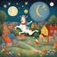 Placeholder: by Richard Scarry, whimsical and charming storybook illustration of the classic Cow leaping over the Moon fable. The background features a beautifully illustrated suburban landscape, with colorful houses. Nighttime. The textures of the storybook pages can be seen on the edges of the illustration. The overall atmosphere is nostalgic, inviting readers to revisit this timeless absurd tale.