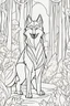 Placeholder: kids coloring page, wolf in a forest, cartoon style, thick lines, very low detail, no shading