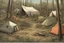 Placeholder: campsite, tents, overgrown, post-apocalyptic, comic book, forest, cinematic, panoramic