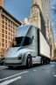 Placeholder: A Tesla semi-truck is parked, near the "Empire State Building' in New York. CINEMATIC. WIDE ANGLE LENS. PHOTO REAL.