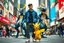 Placeholder: A cinematic street portrait of a confident young man standing in the middle of a busy city (like Times Square), surrounded by Pokémon characters. Behind him stands Mega Lucario and Mega Garchomp in protective stances, while Pikachu stands near his feet looking cheerful. The man wears a casual urban outfit — blue jacket, black shirt, cargo pants, and white sneakers. The scene has a vibrant yet realistic 3D aesthetic, with soft natural lighting, shallow depth of field, and dynamic city background