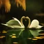 Placeholder: two swans in a romantic lake, dark green and warm yellow color, fantasy atmosphere, photo quality