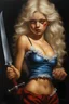 Placeholder: full body image, head to toe, chiaroscuro, deep shadows, rich deep colors, highly detailed portrait, Oil on Canvas by Boris Vallejo - The Evil, homicidal13-year-old Cinderella with Bleach-blonde hair holding a bloody cleaver - 4k UHD, Ultra-realistic, Hyper realistic, Photorealistic, Realistic, absolute Reality