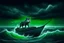 Placeholder: A giant lumbering grey wolf attacks a tiny boat in a stormy sea, a dark, ominous image, black, turquoise (a little closer to green) and white colours, rain, wind, lightning, dynamic, surreal. And a cat. Definitely a cat.