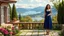 Placeholder: image of a very beautiful lady with beautiful velvet midi dark blue, lace skirt and pretty same material top with curvy hair high heels standing in a nice villa yard with trees flowers ,in country side in floor of beautiful mountains ,sea with ships ,water falls,16 by 9