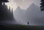 Placeholder: a lonely traveler wandering alone in a large pine forest with a horse and in the distans a large mountain range is visibel, high fantasy, lord of the rings, dungeons and dragons, in the style of jakub rozalski