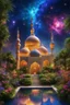 Placeholder: a islamic beautiful fairy garden, islamic mosque emerges, radiating vibrant luminescent hues against amazing magic cosmos. Its otherworldly form is a bright iridescent colours, that shimmer like precious gems and intricate patterns that seem to dance with life. The image captures every intricate detail of this vivacious picture, showcasing its celestial beauty in stunning high-definition