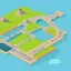 Placeholder: isometric architecture illustration flat design of a dam in the mountain with roads around and on it