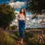 Placeholder: fullbody girl makeup wearing a victorian top and tight pants walking in country side ,flowers ,pretty clouds in blue sky