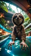 Placeholder: fish-eye photo of furry hairy pimp rocker alien gremlin sloth on bridge over water slide magically levitating in dark lit reflective wet jungle hall hotel tunnel, in the style of fallout 4 game,bokeh like f/0.8, tilt-shift lens 8k, high detail, smooth render, down-light, unreal engine, prize winning