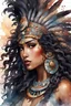 Placeholder: create a watercolor art image of a Aztec curvy female looking to the side with a large mane of curly black flowing thru the wind. 2k prominent make up with hazel eyes. Highly detailed hair. Background of a Aztec empire
