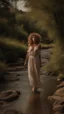 Placeholder: full body shot of a very beautiful lady curly hair, walks in the country side with a narrow river with clean water and nice rocks on floor. The trees and wild flowers .