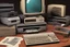 Placeholder: retro tech on a desk, Magneto-optical disk, floppy disk, Hard disks, ram, VHS, Retro pc, slight watercolor, no humans