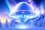 Placeholder: white spaceship ufo with light in the below. the landscape is a fairy colourfull forest with snow sweety mountains. the sky is blu with stars and brightness beam