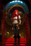 Placeholder: full body and headshot of a skinny young woman, with long straight red hair, standing in a steampunk setting, Frank Franzetta