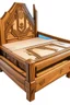 Placeholder: a wooden bed with a fortnite theme carved into it, no background