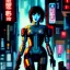 Placeholder: fullbody portrait in oil on canvas ,beautiful female robot, ominous, intense stare, sad eyes, post-apocalyptic in a cyberpunk city, ghost in the shell, Akira, BladeRunner movie poster, masterpiece, realistic, intricate detail, sci-fi fantasy style, volumetric lighting, particles, highly detailed ,cinamatic , deep colours,8k, by Caravaggio