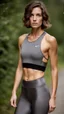 Placeholder: photography of a beautiful anorexic woman, grey satin triathlon top, sports illustrated, brunette short wavy bob haircut, pronounced sternum, flat chest, anthracite short leggins