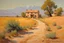 Placeholder: Sunny day, countryside, dirt road, mountains, distant adobe house, trees, rodolphe wytsman and henry luyten impressionism paintings