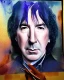 Placeholder: high-quality, fine-detail close-up watercolor of Alan Rickman as Severus Snape with a holographic deer in front of portrait, 8k, intricate, photoillustration, artwork, volumetric lighting,