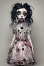 Placeholder: full color, illustration of a dark, menacing, monster girl Singer Melanie Martinez , as a decayed, broken, crude homemade cloth doll toy, with a narrow cracked porcelain face, thick dark eyebrows, hair made from ragged strips of cloth, in the style of Alex Pardee, Tim Burton, and Nadya Sheremet