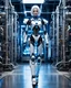 Placeholder: A full body photograph of a beautiful girl humanoid robot walking against a background that looks like the interior of a factory or laboratory. The robot has a beautiful face, white hair, and a body made of metallic chrome with complex mechanical details. The background features blue-lit pipes and metallic structures, with dramatic lighting highlighting the robot's intricate design.