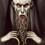 Placeholder: Nosferatu with four yellow eyes with fleshy tentacle hair beard grey skin and vampire fangs as a Russian Orthodox