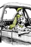 Placeholder: Ink sketch of a dalmatian dressed as a black cab driver resting one hand on the driving wheel and a young girl wearing an anorak sitting on the back seat