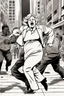 Placeholder: an obese terrified blonde white woman crying and sobbing in a pant suit desperately running away from an angry mob of thousands of all black people chase her down a city street