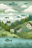 Placeholder: top third is a sky with a horizontal continuous cloud and a landscape, forest and green trees on each side of the landscape on the right and left and small hill in the middle and 2 points on the right and there small 2 rectangle houses between the bush, on top of the hill. A thick grey fish with tringle tail facing to the right with a fin under and big eyes has the hill on top of the fish. Under the fish a rock that looks like a bath. The sky is light blue above the clouds and under the clouds