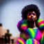 Placeholder: full body shot, masterpiece, best quality, family of three, dark skinned, sparkling eyes, fluorescent skin, colorful makeup, afro, highly detailed body, afrofuturism, scifi, sun light, 4K, RAW, depth of field, high contrast, realistic details, 24mm