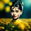 Placeholder: Audrey Hepburn with yellow flowers for hair, closed eyes, rtx, reflection, 8k, glow, winning photography, caustics