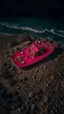 Placeholder: drone camera view of shipwreck, seashore, moonlit night, foam waves, stands out an ancient crown set with ruby and different indecipherable coins between salt and sand, a wig, gloves, a compass , an abacus, kodak, fuji film, hgtv, 12k ursa, cinematic