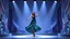 Placeholder: modern stage with gray-blue theme artistic decoration , color full dynamic lighting, a beautiful lady in modern maxy dark green dress with shining silvetr jwells dancing, 3D recursive fractal structure animating background