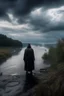 Placeholder: A hooded man standing on tbank of a torrent of river and clouds from far away gothic theme