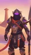 Placeholder: A close picture to Ramattra nemesis form as tank with Arab clothes in overwatch art style with black color and neon purple details in Desert
