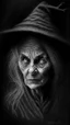 Placeholder: pencil drawing of old witch, Spooky, scary, halloween, realistic, black paper