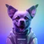 Placeholder: A beautiful portrait of a cute cyberpunk dog purple blue color scheme, high key lighting, volumetric light