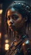 Placeholder: Shi Fi, a beautiful brown girl ,atmospheric lighting effects, intricate industrial details, moody atmosphere, eerie grimdark ambiance, complex motherboard accents, speculative fiction art. Bokeh