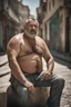 Placeholder: masculine muscular chubby burly mature turkish man sunbathing, sitted on an empty street, 44 years old, shirtless, bullneck, hands behind the neck, ripped dirty shorts, manly chest, very hairy, short beard, big shoulders, relaxed, photorealistic, well defined facial features, half figure photography, view angle from the ground