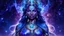 Placeholder: Full body portrait of a peaceful smiling guardian Goddess of the galaxies with a blue indigo purple skin, high skul, luminous eyes