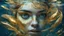 Placeholder: woman underwater, beautiful eyes, dancing underwater, gold, scales, double exposure, highlights, sparkles, clear lines, detail, fine rendering, high resolution, 64K, photorealism, precise focus, digital painting,