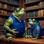 Placeholder: close a big and fat anthropomorphic frog hybrid in human clothes big head frog eyes talking with a strong anthropomorphic rhinoceros no horn, without horns in blue simple guard clothes, they talking and leaning on a wooden banister, in background a bibliothek with tall book shelves, detailed sci-fi, dark fantasy mood