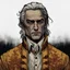 Placeholder: regis, yellow-orange embroidered medieval noble tunic, pale skin, graying hair, clean shaved, bloodshot eyes, rednose, vampire like hidden features