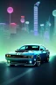 Placeholder: schönes foto von einem chromlackierten dodge challenger in heckansicht der auf einem highway richtung horizont fährt,miami vice, miami, neon ligths,chrome, synthwave, retro, high detailed,unreal engine, octane render, photo realistic, viele palmen,