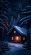 Placeholder: one winter log cabin in the woods pine forest trees snowy dark night christmas colored garlands outdoor