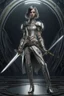 Placeholder: full body picture of a skinny woman with a bob, in silver armour, holding a curved sword, futuristic steampunk background