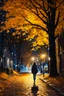 Placeholder: night yellow lights over the street trees autumn leaves under feet ,a Student adult girl with books in her hand walking in street turned back to talk to a boy walks after her few meters away her back